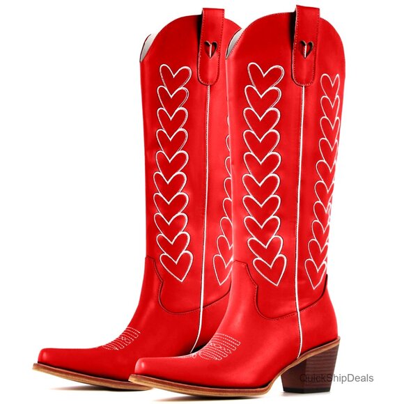 Shoes - Knee High Cowboy Boots with Hearts, 2 Inch Block Heel, Distressed Western Style